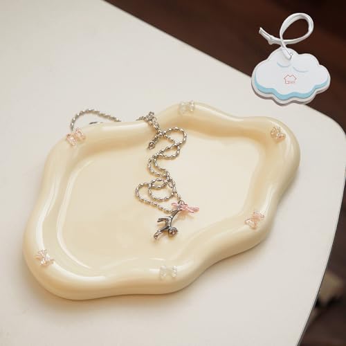Image of Jewelry Dish Trinket Tray for Women, Ring Dish Holder, Unique Cloud Shape Ceramic Plate Cute Things Vanity Aesthetic Room Decor Mother's Day Birthday (Bow Cream)