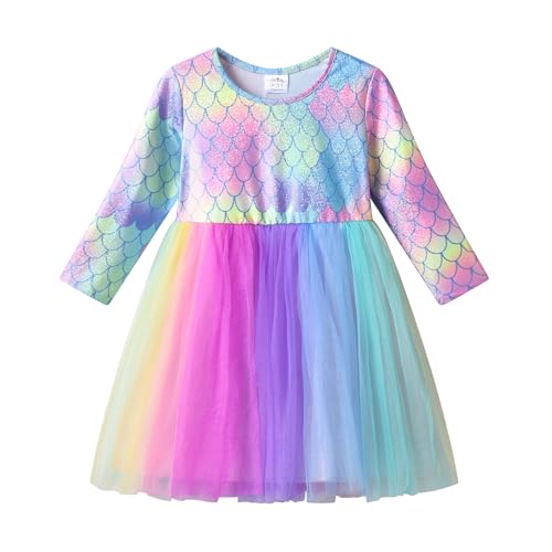 VIKITA Girls Rainbow Mermaid Tutu Dress Long Sleeve Sparkling Scales Party Tulle Princess Dresses for 3-10 Years