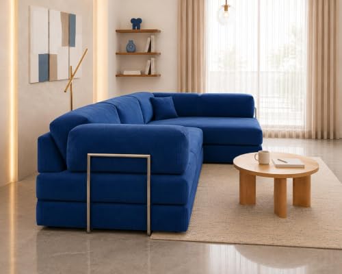 Image of Torque Vegas 5 Seater L Shape Sofa Cum Bed for Sleeping - Blue | Suede Fabric 5 Seater Sectional 2 in 1 Sofa Bed | Corner L Shaped Sofa Set for Living Room Office