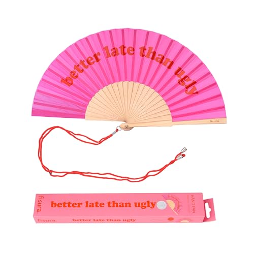 Fisura – Abanico original con mensaje “better late than ugly”. Abanico de madera moderno y colorido. Ventilador de mano rosa y rojo. Colgador incluido. Medidas: 42,5 x 23 cm