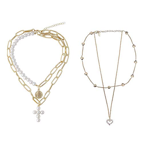 2 Pièces Collier d'Amour Multicouche, Couches Ras Du Cou Collier, Simplicité Multicouche Alliage Mode Longue Chaîne Tour De Cou pour La Fête, Les Rencontres, Le Port Quotidien (2 Style) Cover