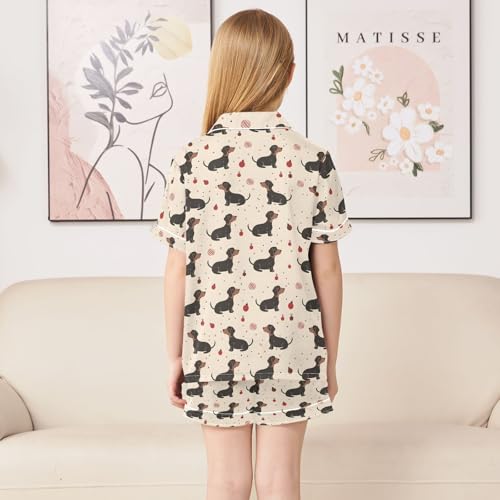 Dachshund Pattern Summer Satin Pajama Set, Cute Button-Down Sleepwear Pj Set for Sleep Wears4