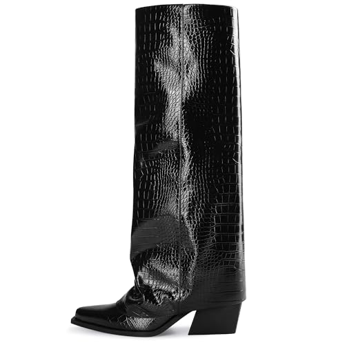 Image of Women's Fold Over Knee High Boots Wide Calf Chunky Heel Long Boots | Women Pointed Toe Tall Boots, Fashion Slouchy Boots, Side Zipper Shark Boots, Dress Tall Boots for Fall Spring Winter