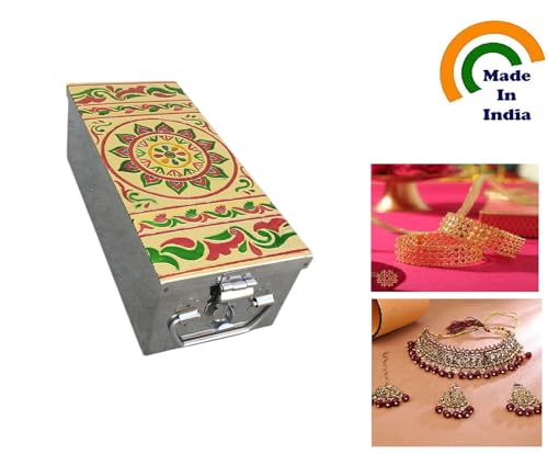 Image of Stainless Steel Storage Box, Cash Box, Pooja Peti, Organizer, Vanity Storage Box, Jewellery Safe Bank Locker, Cash Box With Handicrafts Digital Meena Kari Design (Silver, 10.2 Inch)