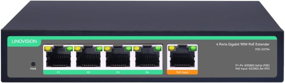 LINOVISION 4 Port Gigabit POE Extender with 60W POE Input, IEEE802.3af/at POE Switch, 1 in 4 Out POE Repeater, Surge Protection, POE Splitter to 4 POE Devices Like IP Cameras, IP Phone, Wireless AP