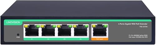 LINOVISION Interruptor de paso PoE Gigabit de 4 puertos y extensor PoE con entrada POE de 60 W, repetidor PoE IEEE802.3afatbt, 1 en 4 salidas POE