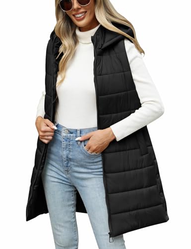 Yusongirl Puffer Vest for Women Long Hooded Lightweight Puffy Jacket Warm Sleeveless Fall Winter down Coat Outerwear(Black,L)