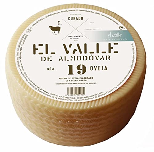 Queso Curado Artesano de Leche Cruda - 100% Puro de Oveja, El Valle de Almodóvar- Excelente Sabor intenso y Textura Cremosa- Queso Gourmet- Pieza entera( 2,8 kg aprox.)