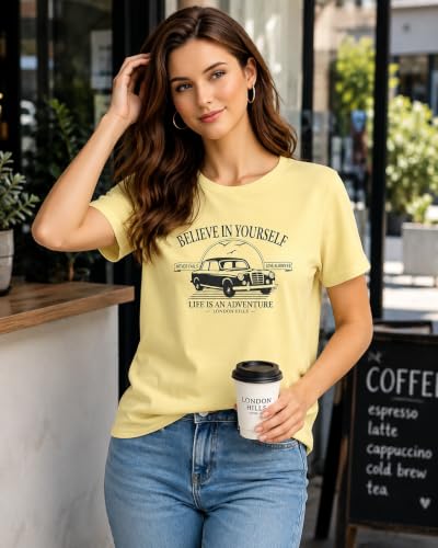 Image of London Hills Women's Loose Fit Graphic Printed T-Shirt | Soft Cotton Blend Fabric | Round Neck Half Sleeve Casual Top, Travel & College