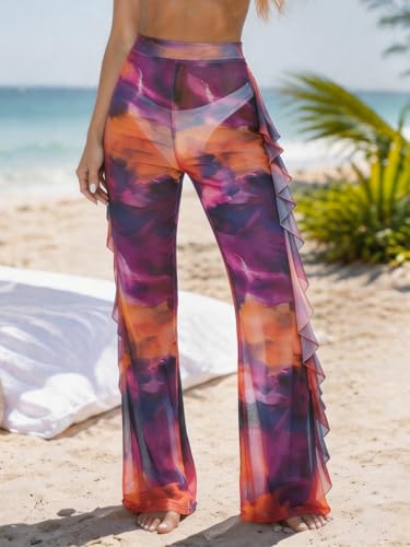 Image of Jumppmile Women's Ruffle Sheer Mesh Swimwear Bikini Cover Up Pants See Through