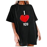 QJDFLL Liebesgeschenke FüR Frauen Übergroßes T-Shirt mit kurzen Ärmeln und langem Arm für den Valentinstag Blumendruck Damen(Schwarz,S)
