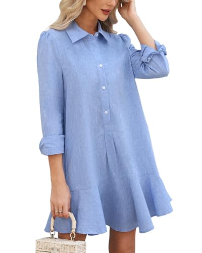 Image of YEXPINE Women's Tunic Mini Shirt Dress Cotton Linen Long Sleeve Button Up Ruffle Hem Loose Casual Summer Pockets Shift Dress