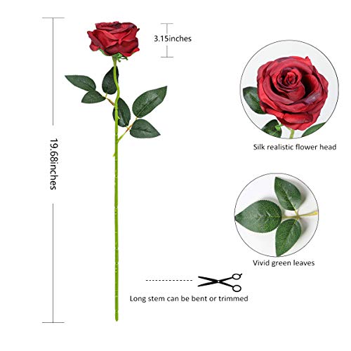 Image of Tifuly Artificial Roses 40cm Single Long Stem Rayon Bridal Bouquet Realistic Flower for Home Garden Party Hotel Office Decoration (Flowering Roses Burgundy)