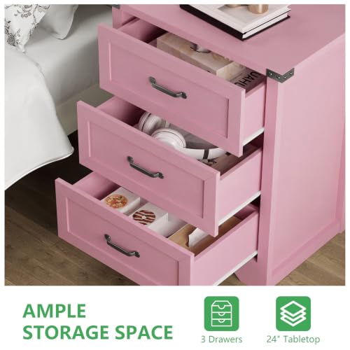 Image of Xixini Nightstand Set of 2 with 3 Storage Drawers, Tall Side Table, Pink