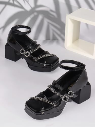 Image of TRYME Women's Ankle Buckle Strap Mary Jane with Chain Chunky Block Heel Sandals