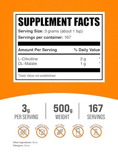 Image of BulkSupplements.com L-Citrulline Malate 2:1 Powder - Nitric Oxide Boost, Citrulline Malate Supplement - Unflavored & Gluten Free - 3g per Servings, 500g (1.1 lbs) (Pack of 1)
