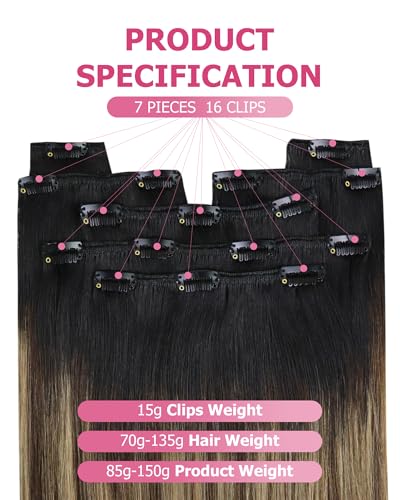 Image of YoungSee 150G Clip in Hair Extensions Black Ombre, Real Human Hair Extensions Clip ins, Black Ombre Brown with Blonde Balayage Blend Naturally, Clip-in Hair Extension Long Straight Hair 22 Inch 7Pcs