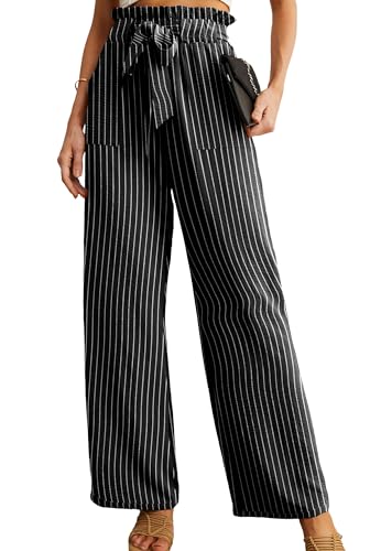 IWOLLENCE WOLLENCE Lightweight Stretch Palazzo Pants, Women High Waist Adjustable Knot Wide Leg Ankle Trousers with Pockets, Lounge Vacation Work Casual Pants Black Stripe X-Large