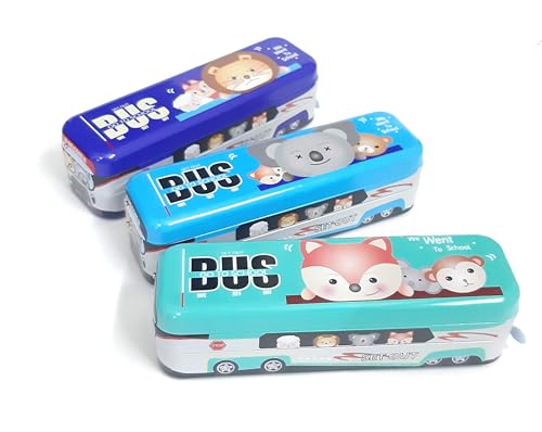 Image of Gifts- Metal Bus-Shaped Pencil Box with Pull-Back Wheels - 21 cm, Double Layer Storage Case for Kids, School Stationery Organizer (Pack of 1- Random Design)