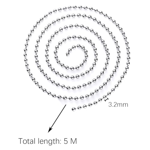 TRKETK 5 Meter Kugelperlenkette, Silberne Metallperlenkette Perlenrollo Zugkette Verlängerung Metallperlen Rollokette mit 30 passenden Anschlüssen (3.2 mm, Silber)