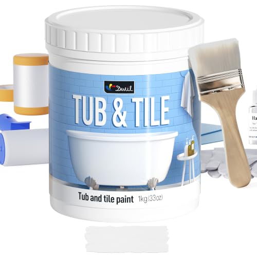 DWIL Tub Paint Tub and Tile Refinishing Kit 33oz with Tools Tile Refinishing Kit White Bathtub Paint Water Based &Low Odor Easy to Use Sink for Bathroom Kitchen Semi-Gloss White 50-55sq.ft