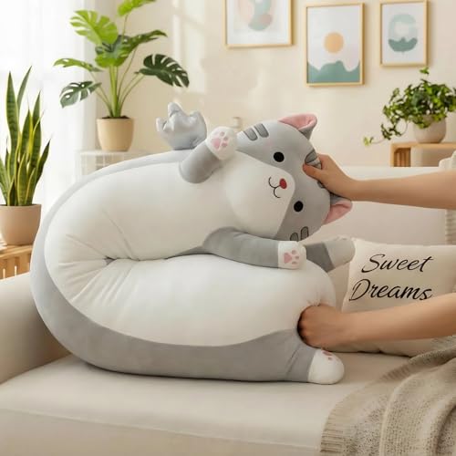 Image of Long Cat Plush Pillow, Cute Cat Stuffed Animal Body Pillow with Wings, Soft Kawaii Kitty Hugging Pillow, Christmas Valentine's Birthday Gift for Kids Girls Boys (Gray, 110cm /43.31in)
