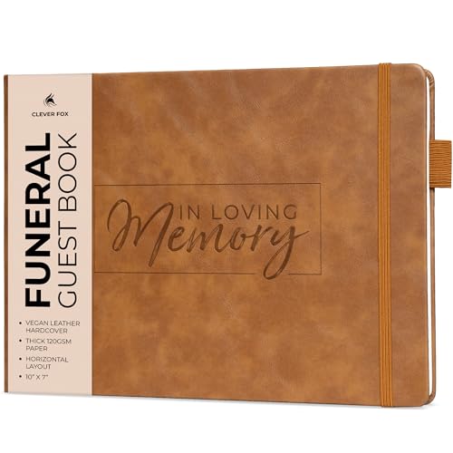 Image of Clever Fox Funeral Guest Book for Memorial Service w /Address, Brown | 10x7 in, 120 pages, Eco leather hardcover, Personalized celebration of life guestbook, Memory book & condolence register