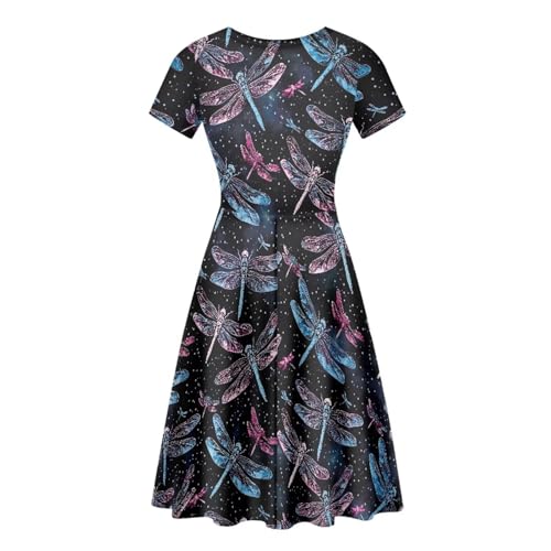 Image of HUGS IDEA Womens Puffy Swing Midi Dress Round Neck Short Sleeve Party A-Line Dresses
