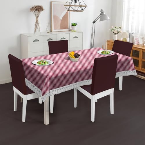 Image of The Furnishing Tree Waterproof PVC Rectangle Shaped 8 Seater Table Cover WxL 60x108 inches Pin Check Pattern Pink with White Border lace