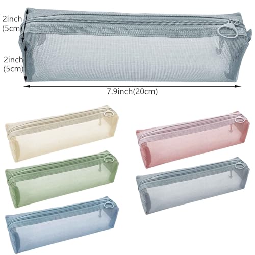 Aswewamt 5Pcs Multicolor Nylon Mesh Zipper Bags, 7.9" Transparent Makeup Brush Pouch Portable Cosmetic Bags Square Pencil Case Organizer Stationery Storage Bags for Travel, Lipstick, Earphone, Keys2