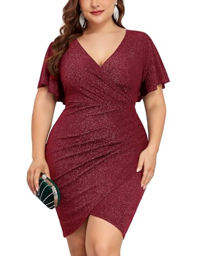 Image of ZOMVA Plus Size 0X-4X Sparkly Glitter Ruched Bodycon Mini Dress Sparkle Sequin Wrap Ruffle Sleeve Dress Cocktail Party Formal