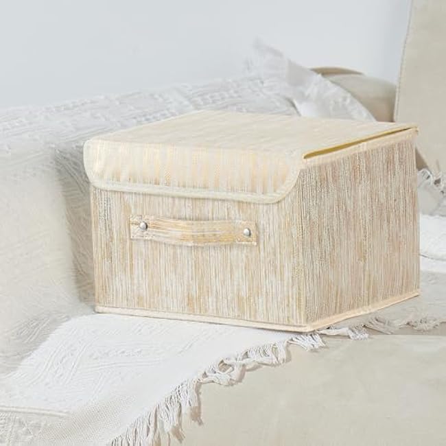 Decorative Storage Boxes with Lid Luxury Metallic Fabric Storage Bins Organizer Containers Collapsible Shelf Baskets with Handles for Home Bedroom Closet Office (Gold, Small Size)