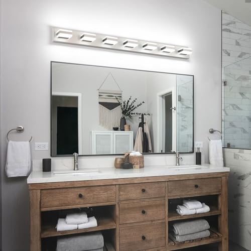 Image of SOLFART Bathroom Vanity Lighting Over Mirror,7 Lights Brushed Nickel Vanity Light, Modern LED Light Fixtures,53 Inch for Bathroom