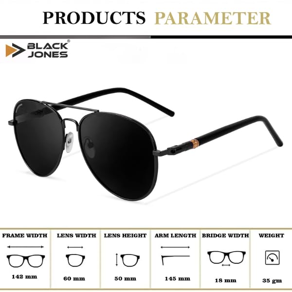 Black Jones Polarized Sunglasses | Full Rim Aviator Shape | 100% UV Protected Goggles | For Men & Women | Silver & Gun-Metal (Black) | Pack of 1 2