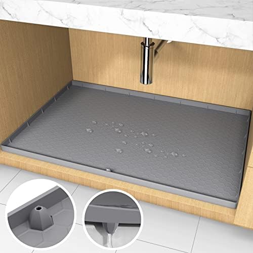 AECHY Under Sink Mat, 34" x 22" Silicone Under Sink Liner, Under Kitchen Sink Mat with Unique Drain Hole Design, Waterproof & Flexible Sink Mats for Kitchen, Bathroom and Laundry Room Gray