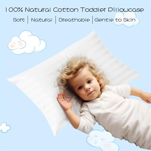Image of 100% Cotton Toddler Pillow Protectors with Invisible Zipper, 600 Thread Count Sateen Wave Soft Breathable Hypoallergenic Nursery Pillowcases for Kids, 13x18 Inches, Set of 2