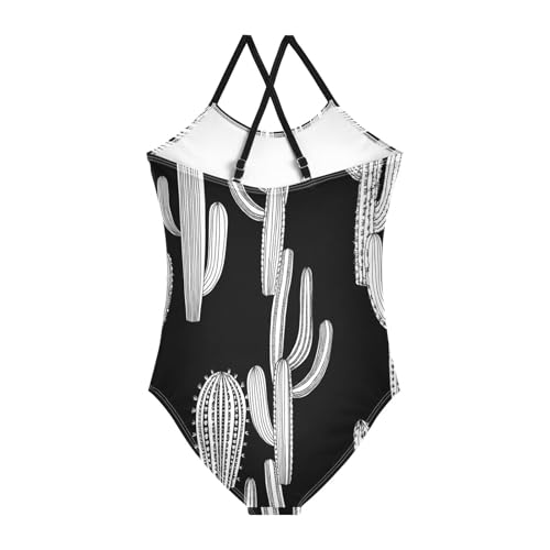 Cacti Black White Unique Girls' Swimwear with Adjustable Shoulder Strap, Beach Swimsuit, 3-102
