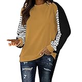 TONSEE Women's Tops Contrast Color Casual Stripe Long Sleeve Round Neck Blouse Loose Fit Shirts Tops Yellow