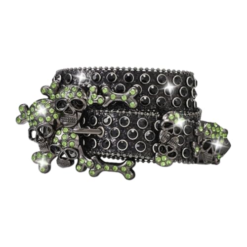 Mens Womens Rhinestone Belt Western Cowboy Cowgirl Shine Crystal Studded Strap with Engraved Hollow 3 Skull Head
