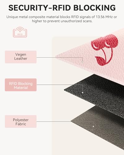 Image of BOSTANTEN Credit Card Holder Wallet RFID Blocking Leather Small Wallet for Women Zipper Keychain Wallet with Wristlet Cherry Print