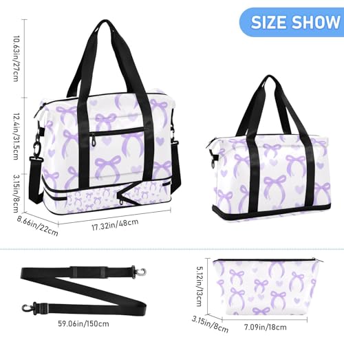 Purple Bow Love Gym Bag for Women Sport Travel Duffel Bag Shoulder Weekender Overnight Bags with Wet Pocket & Shoe Compartment3