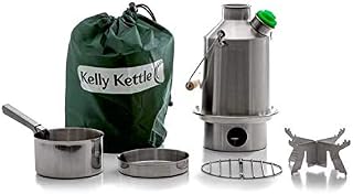 'Scout' Kelly Kettle® - BASIC KIT - All in Stainless Steel (1.2 ltr kettle + Green Whistle + Steel Cook Set + Steel Pot/Base Support | Boil Water & Cook Fast Outdoors | Camping Kettle and Wood Fueled Camp Stove in one | Ultra fast | Lightweight | NO Batteries, NO Gas, NO Fuel costs | Perfect For Fishing, Hunting, Festivals, Scouts, Fun Family Picnics or Emergencies, Prepping | Weight 1.49kg / 3.3lb