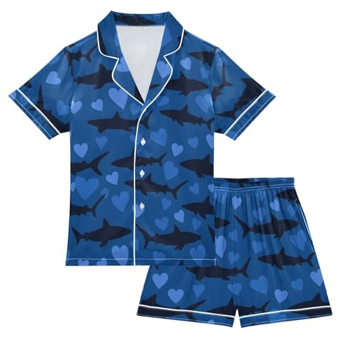 ALAZA Black Shark Heart Satin Pajamas Set Short Sleeve Button Down Sleepwear Summer Pjs 2 Piece