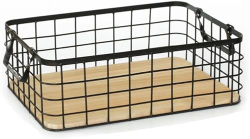 LIVIAバスケット 収納かご スクエア型 スチール製 木目調 ワイヤーバスケット 取っ手付き フッフ付き 卓上 キッチン 収納ケース 収納ボックス フレーム おしゃれ メッシュ 収納棚 スパイスボックス 小物入れ インテリア (S-32*22*11cm,