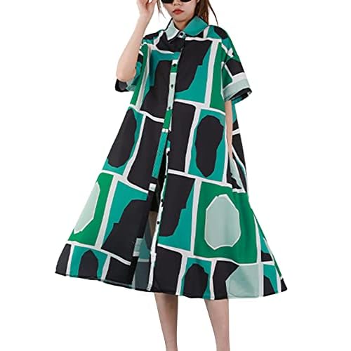 ellazhu Womens Casual Lapel Short Sleeve Oversized Button Down Shirt Dress Collared Tunic Dress GY2788 A Small-X-Large Green
