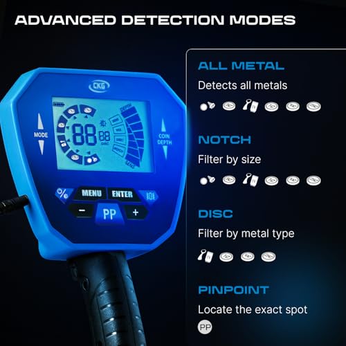 CKG Metal Detector for Adults Starter Kit for Treasure Hunting, High Accuracy with 10\" Waterproof Coil, LCD Display, 4 Modes, for All Family Coin Game, Headphones, Sifting Shovel, Bag,Trowel, Blue