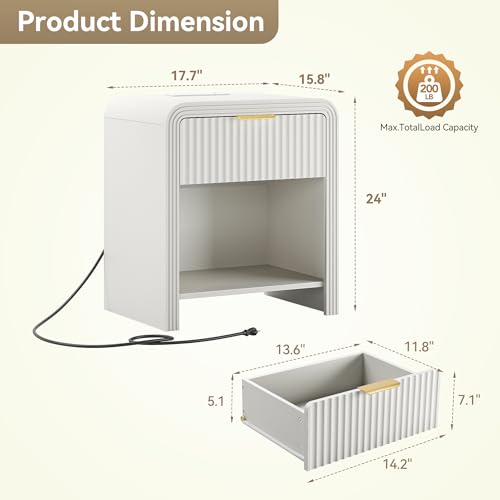Decofy Fluted 1-Drawer Nightstand Set of 2 with Charging Station, White by Decofy - Used condition - Image 3