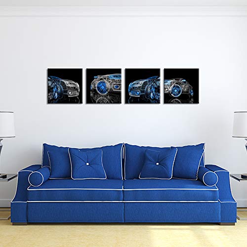 Ihappywall 4 Pieces Modern Car Canvas Wall Art Prints Black And Blue 3D Car Model Cool Picture Print On Canvas Stretched And Framed For Bedroom Boys Room Home Decoration Ready To Hang 12X12Inchx4Pcs #TOP2