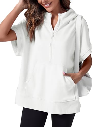 La mejor selección de Sudaderas sin capucha para Mujer favoritos de las personas. 43 Fisoew - Sudaderas con capucha de manga corta para mujer, con media cierre, sin botones, con bolsillos, Blanco, M