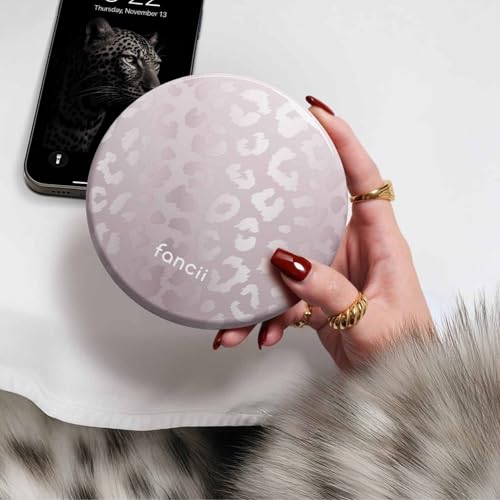 Image of Fancii Taylor LED Lighted Travel Makeup Mirror, Rechargeable, 10x /1x Magnifying, Tru-Glow Lighting System, XL Large 5 inch Wide | Compact Mirror for Purses (Cosmic Leopard)